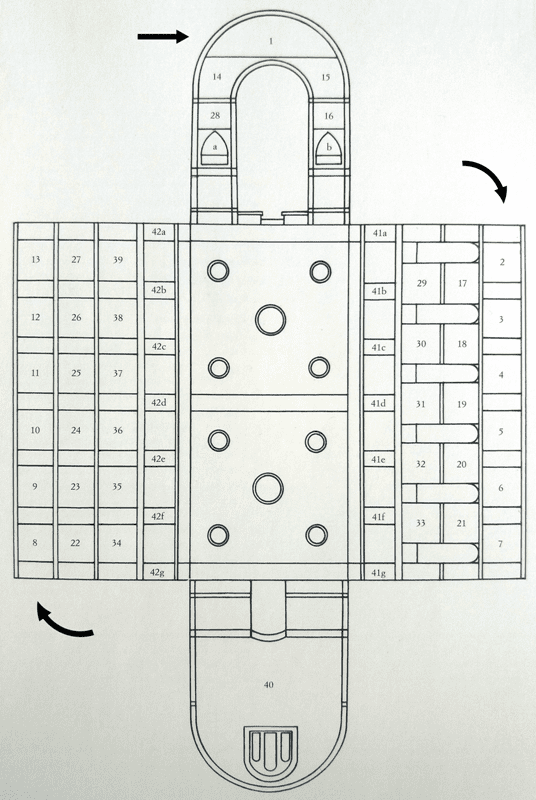Plan des Freskenzyklus der Cappella degli Scrovegni mit Leserichtung